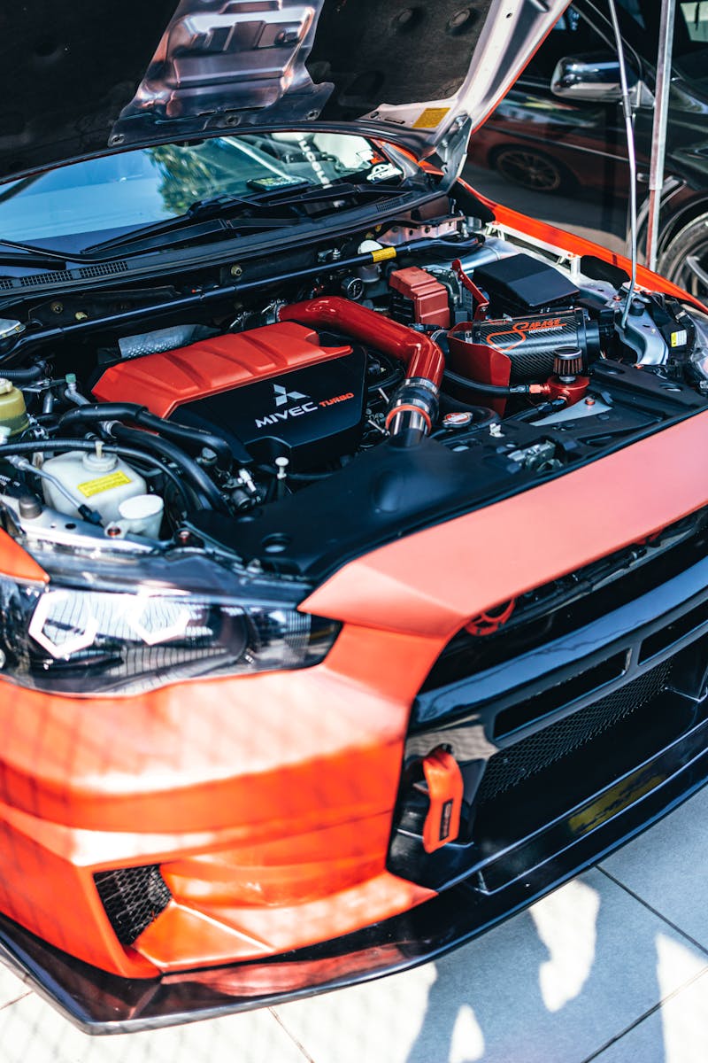 High-performance car engine bay showing turbo and tuned components